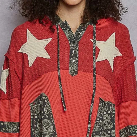 Last 1️⃣ POL. Candy Red Star Patchwork Thermal Hoodie - Picture 5 of 6